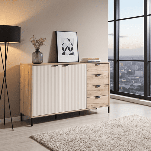 Vandea Grey Oak Effect And Cashmere Slatted 157cm 2 Door 4 Drawer Sideboard - 11013385 RZ