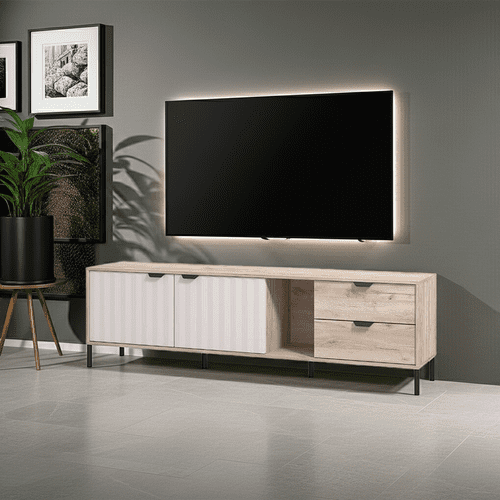 Vandea Grey Oak Effect And Cashmere Slatted 182cm Wide TV Unit Cabinet With Storage 11013565 RZ