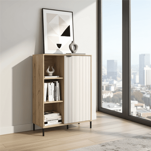 Vandea Grey Oak Effect And Cashmere Slatted Short Display Unit Sideboard - 11013843 RZ