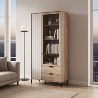 Vandea Grey Oak Effect And Cashmere Slatted Tall 2 Door Display Unit Cabinet - 11013569 RZ