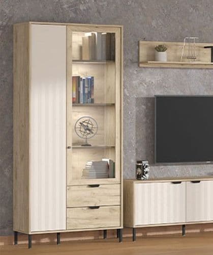 Vandea Grey Oak Effect And Cashmere Slatted Tall 2 Door Display Unit Cabinet - 11013569 RZ