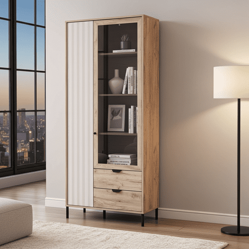 Vandea Grey Oak Effect And Cashmere Slatted Tall 2 Door Display Unit Cabinet - 11013569 RZ