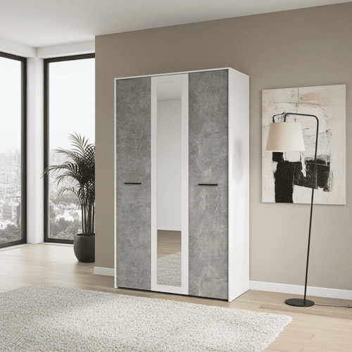 Varadero White And Concrete Grey Effect 3 Door 119cm Mirrored Wardrobe - 11011616 rz