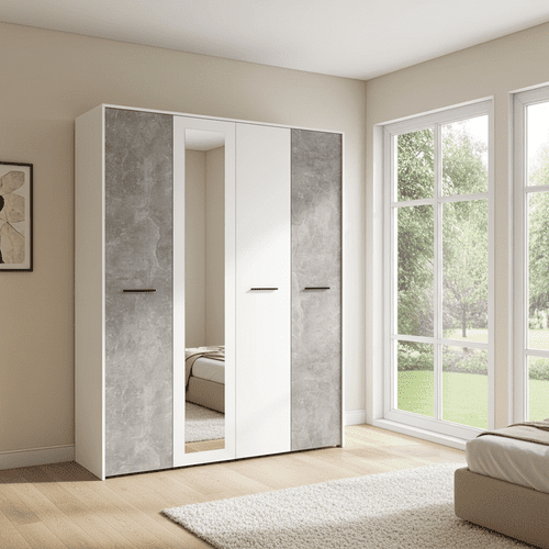 Varadero White And Concrete Grey Effect 4 Door 157cm Mirrored Wardrobe - 11011615rz
