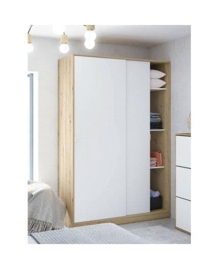 Watkins Nodi Oak Effect & White Small Narrow Sliding 2 Door Wardrobe 120cm Wide -TOP120W - S/O