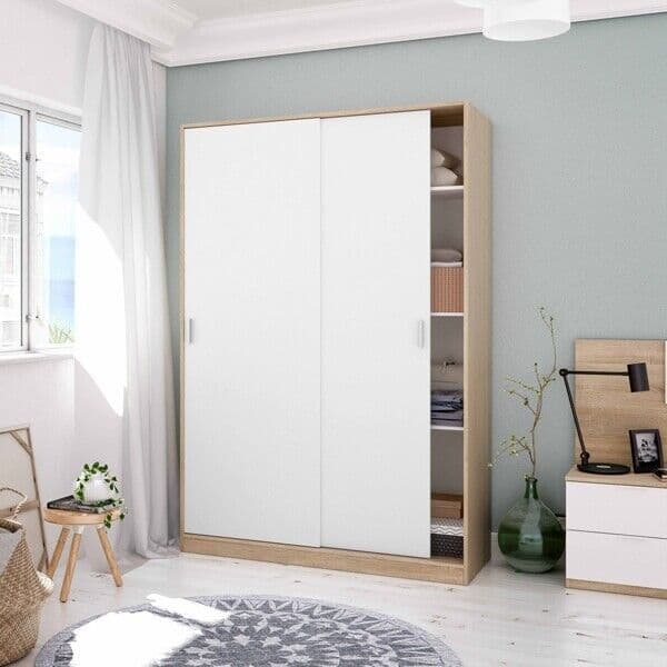 Watkins Nodi Oak Effect & White Small Narrow Sliding 2 Door Wardrobe 120cm Wide -TOP120W - S/O