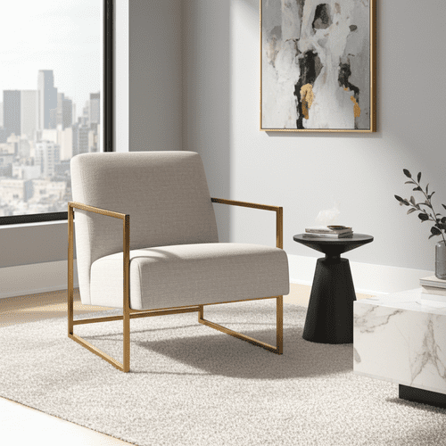 Zyra Beige Tweed Fabric And Gold Accent Lounge Chair - 25LD