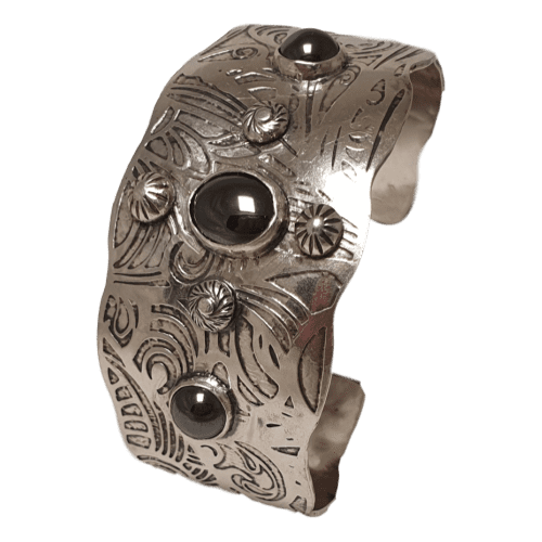 Bracelet - Sterling Silver - Silver Cuff Bracelet Boho jewelery with Haematite Bangle