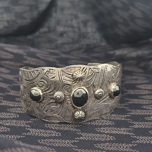 Bracelet - Sterling Silver - Silver Cuff Bracelet Boho jewelery with Haematite Bangle