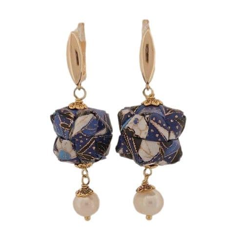 Earrings - Origami - Pearl -Handcrafted Japanese Washi Paper Kusudama Ball with Pearl Drops Earrings