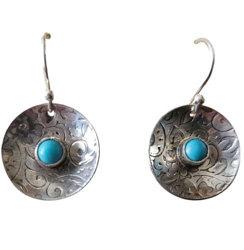 Earrings - Sterling Silver - Turquoise -Round Sterling Silver Earrings with Turquiose