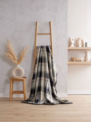 Grey Check Sherpa Fleece Blanket 130 x 180 cm