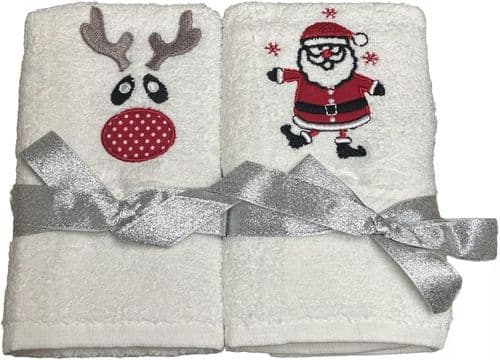 White 100% Turkish Cotton Christmas Guest Towels 30 x 50 cm - Rudolph & Santa