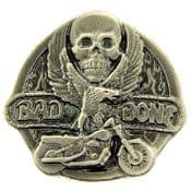 BAD TO THE BONE WINGED SKULL LAPEL PIN