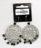 SLIVER DISC EAR RINGS WITH BLACK AND GREY BEEDS( FJ12 )