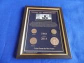 VE DAY 70th ANNIVERSARY 1945 - 2015 COINS IN A FRAME (ALL COINS DATE FROM WWII)