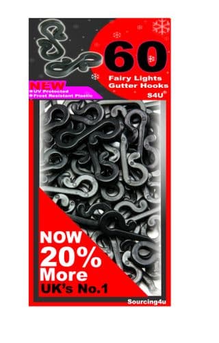 60x Black Gutter Hooks, Gutter Hook Multi Pack For Securing Lights To Guttering