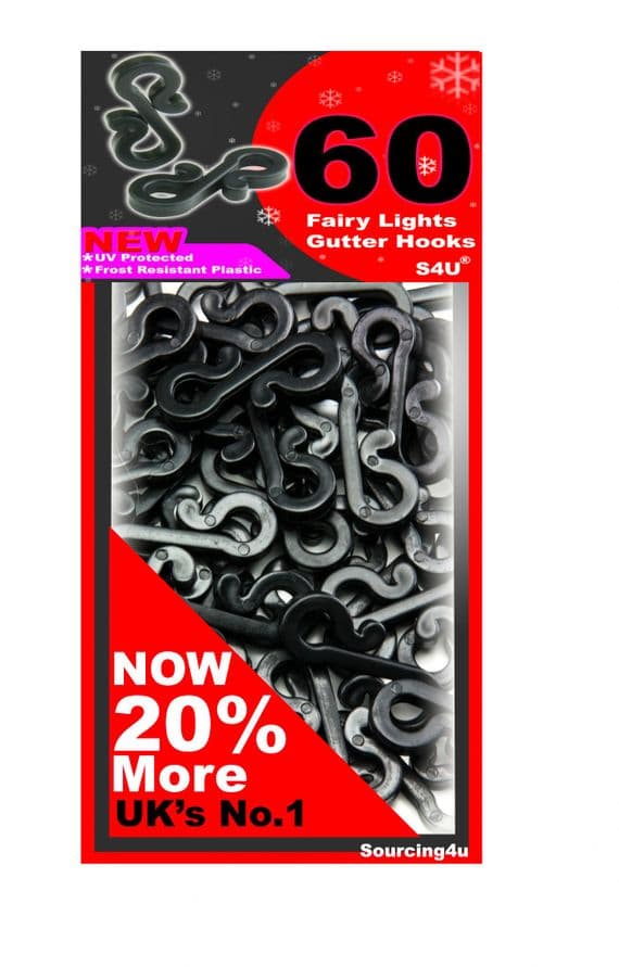 60x Black Gutter Hooks,  Gutter Hook Multi Pack For Securing Lights To Guttering