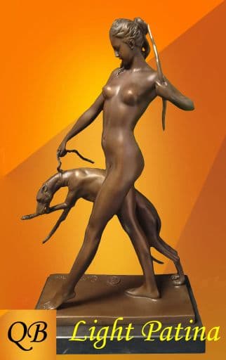 ART DECO BRONZE FIGURINE DIANA WITH HOUND STATUE IN LIGHT PATINA