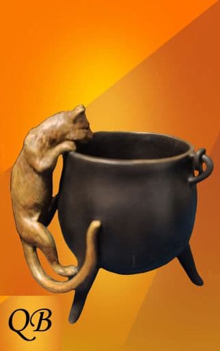 BRONZE STATUE  CAT ON CAULDREN COLD PAINTED