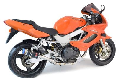 VTR1000 F Firestorm (SC36) Exhaust Link Pipes + 200mm Round Blue Tip Black Stainless Silencers