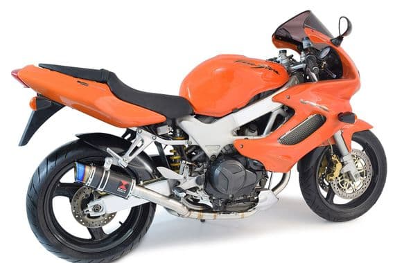 VTR1000 F Firestorm (SC36) Exhaust Link Pipes + 200mm Round Blue Tip Carbon Silencers
