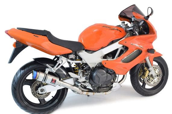 VTR1000 F Firestorm (SC36) Exhaust Link Pipes + 200mm Round Blue Tip Stainless Silencers