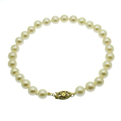 14ct Gold Pearl Bracelet White 6.5mm Round Freshwater Pearls