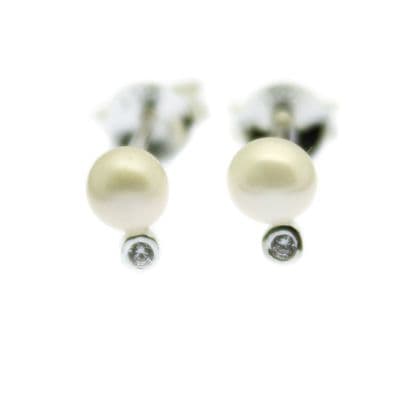 4mm Pearl Stud Earrings with Faux Diamond / CZ, Sterling Silver