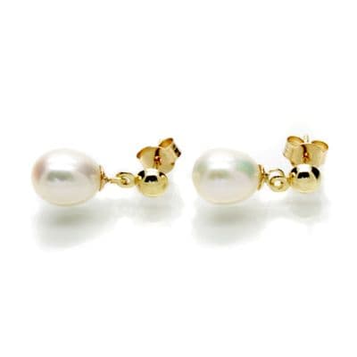 9 Carat Gold Pearl Drop Earrings Oval Pearl on Gold Stud
