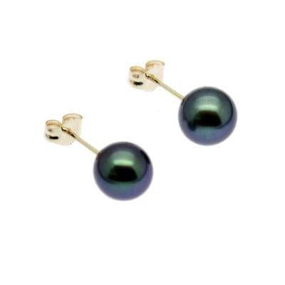 9ct Gold Peacock Black Pearl Earrings 7mm Round Cultured Pearls Gold Studs