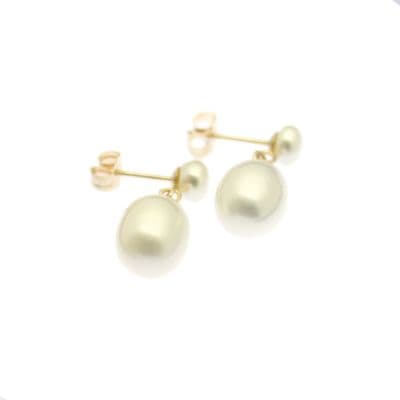 9ct Gold Pearl Drop Earrings White Button & Drop Cultured Pearls