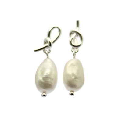 Baroque Pearl Drop Earrings Sterling Silver Knot Design