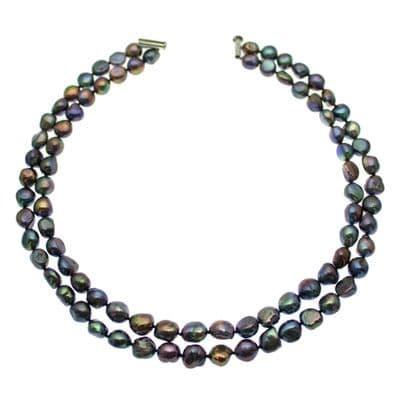 Baroque Pearl Necklace Double Strand lack Pearls Sterling Silver 17/18