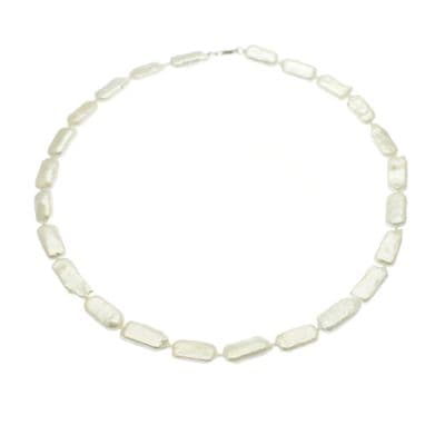 Biwa Pearl Necklace White or Black Flat Oblong Pearls Sterling Silver 17