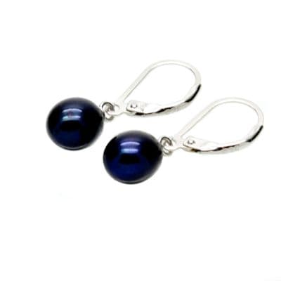 Black Leverback Pearl Drop Earrings 7mm Oval Pearls Sterling Silver
