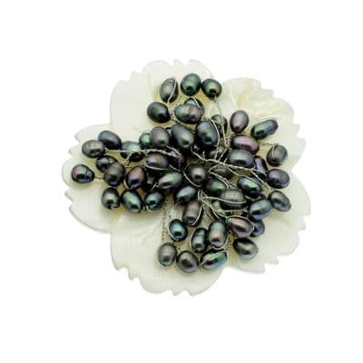 Black Pearl Brooch on White Mother of Pearl Flower
