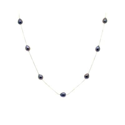 Black Pearl Station Necklace Oval Pearls Sterling Silver Box Chain 17