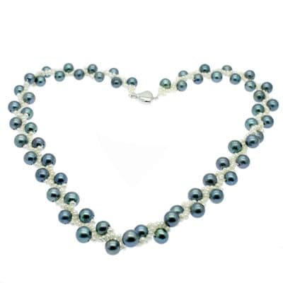 Blue Pearl Necklace with Blue Round & White Seed Pearls Sterling Silver 17