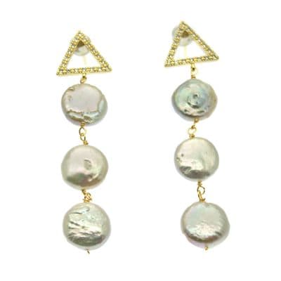 Coin Pearl Drop & Dangle Stud Earrings with Gold CZ Triangles