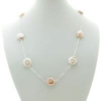 Coin Pearl Necklace Station Style Sterling Silver Pink 18