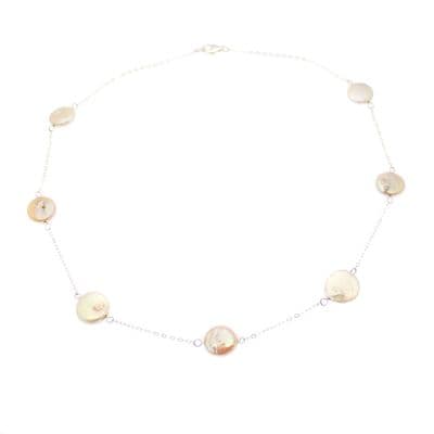 Coin Pearl Necklace Station Style Sterling Silver Pink 18