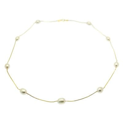 Gold Chain Pearl Necklace Station Style White Oval Pearls