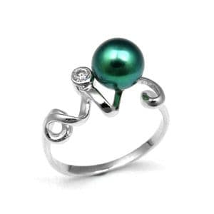 Green Pearl Ring with Faux Diamond Solitaire Sterling Silver