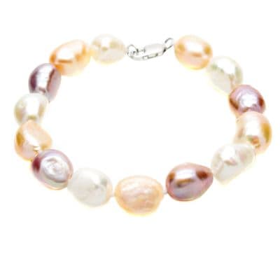 Large Pink White & Lavender Baroque Pearl Bracelet Sterling Silver Clasp