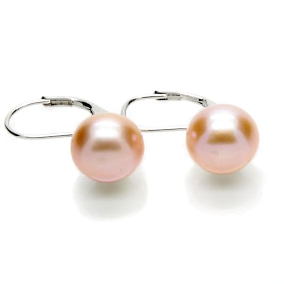 Leverback Lavender Pearl Earrings 10mm Cultured Button Pearls Sterling Silver