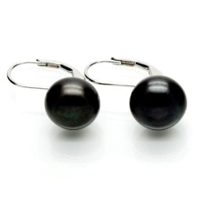Leverback Pearl Earrings 10mm Black Cultured Button Pearls Sterling Silver