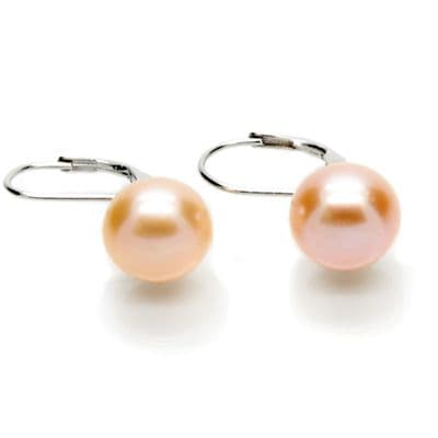 Leverback Pearl Earrings 10mm Pink Cultured Button Pearls Sterling Silver