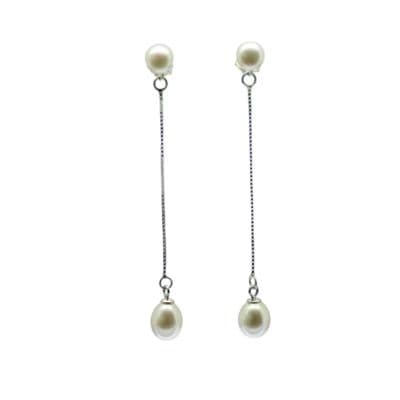 Long Drop Earrings Oval White Pearls on Sterling Silver Chains On Pearl Studs