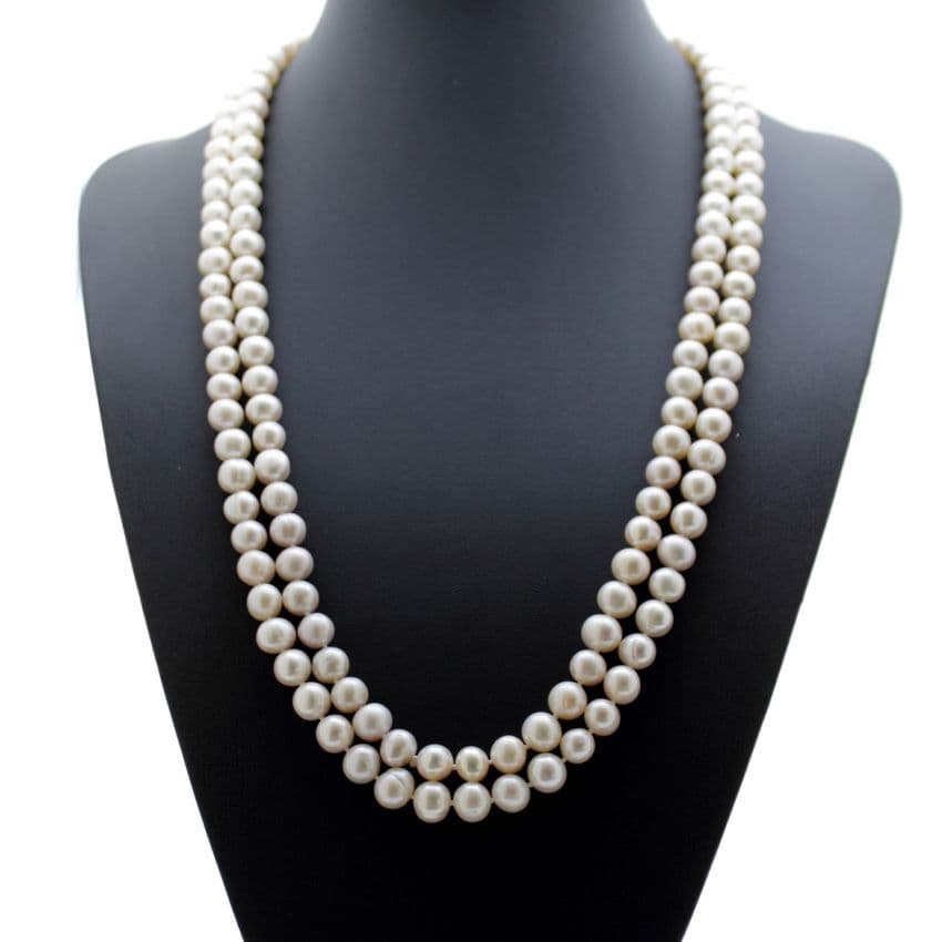 Long Pearl Necklace White Cultured Pearls 50"